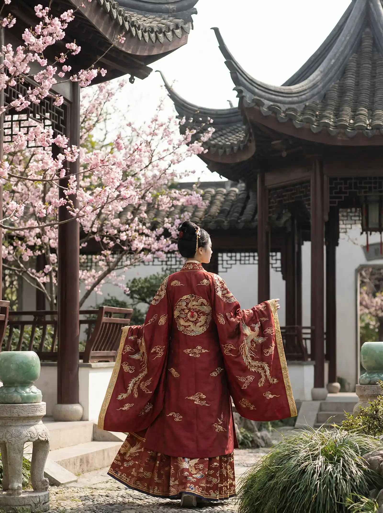 甜涩性 明制汉服红色凤凰刺绣
